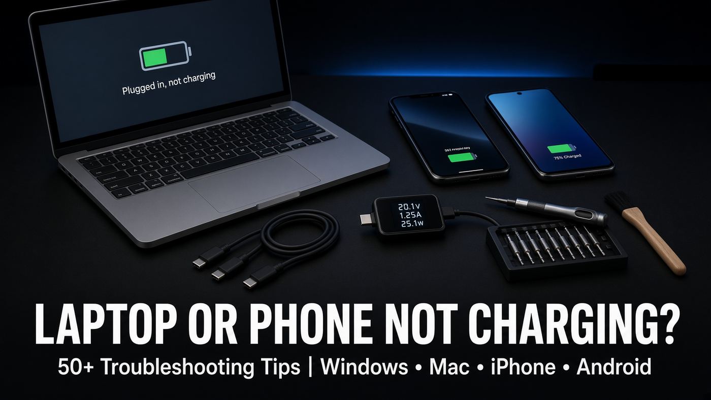 Laptop and smartphone charging diagnostics showing USB-C cables, battery troubleshooting and charging-port repair tools at Hashtag Electronics Johannesburg.
